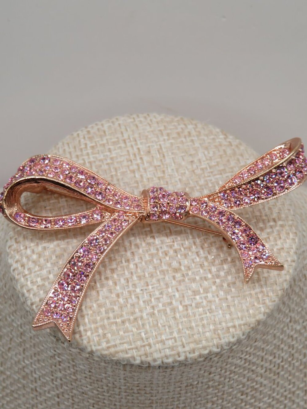 Vintage Kenneth Jay Lane Pink Ribbon Pave Crystals Accent Rose Gold Tone Brooch